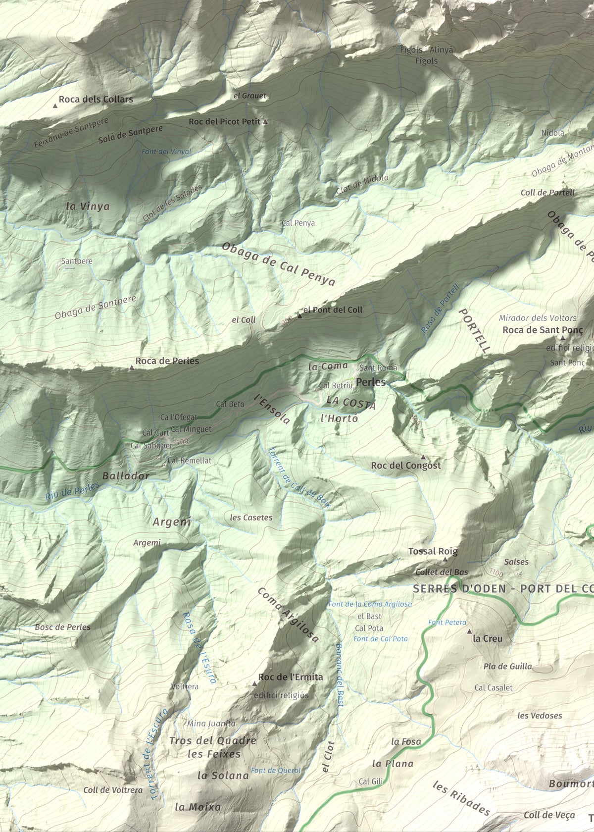 Mapa de relieve de Roc de Galliner, 1630 m, Alt Urgell, lámina 100 Cims de Trobart. Detalle de la zona inferior izquierda. 50 × 70 cm.