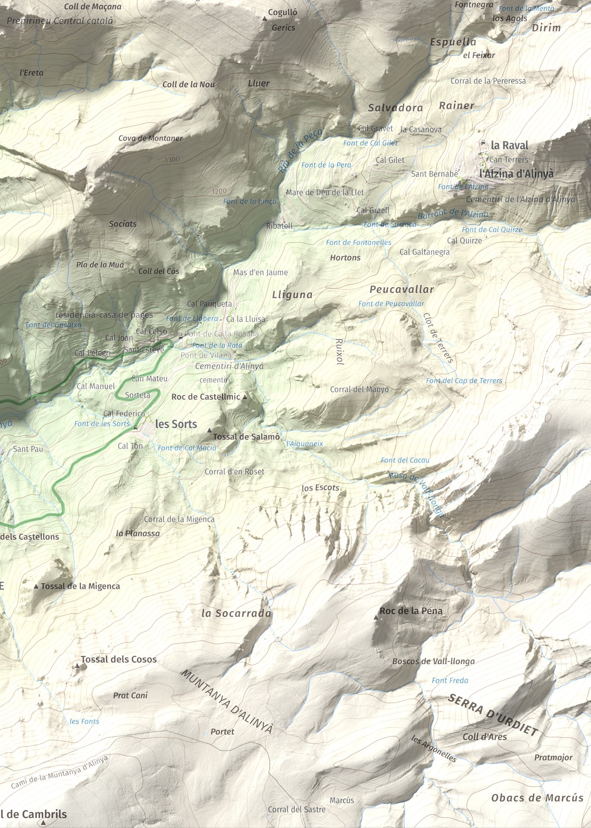 Mapa de relieve de Roc de Galliner, 1630 m, Alt Urgell, lámina 100 Cims de Trobart. Detalle de la zona inferior derecha. 50 × 70 cm.