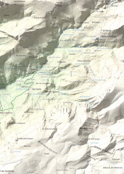 Mapa de relieve de Roc de Galliner, 1630 m, Alt Urgell, lámina 100 Cims de Trobart. Detalle de la zona inferior derecha. 50 × 70 cm.