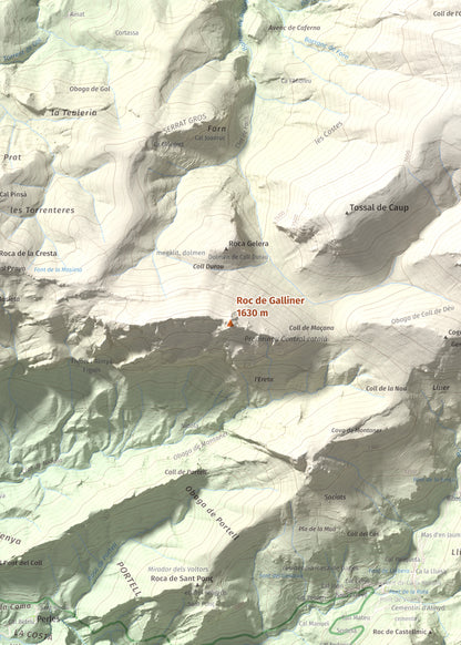 Mapa de relieve de Roc de Galliner, 1630 m, Alt Urgell, lámina 100 Cims de Trobart. Detalle de la zona central. 50 × 70 cm.