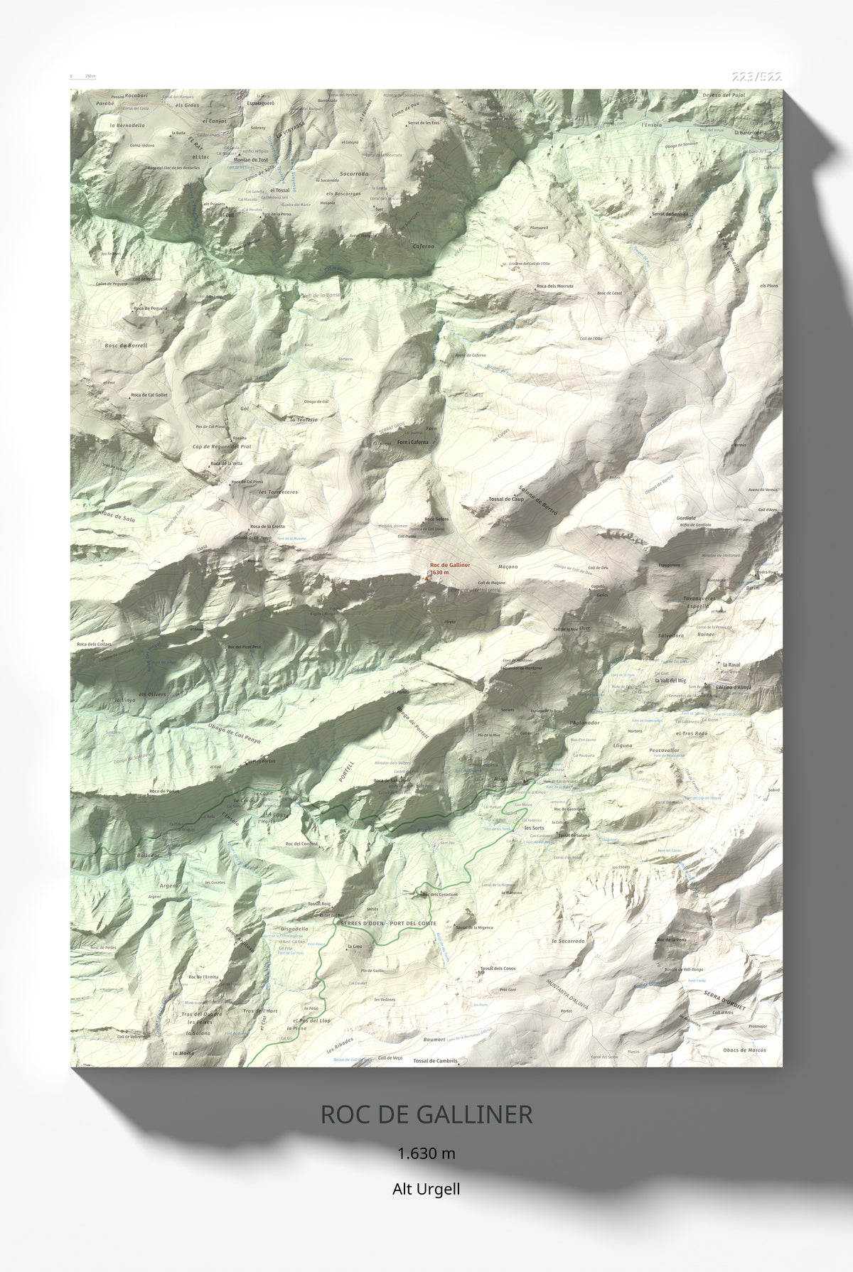 Mapa de relieve de Roc de Galliner, 1630 m, Alt Urgell, lámina 100 Cims de Trobart 61 × 91 cm.