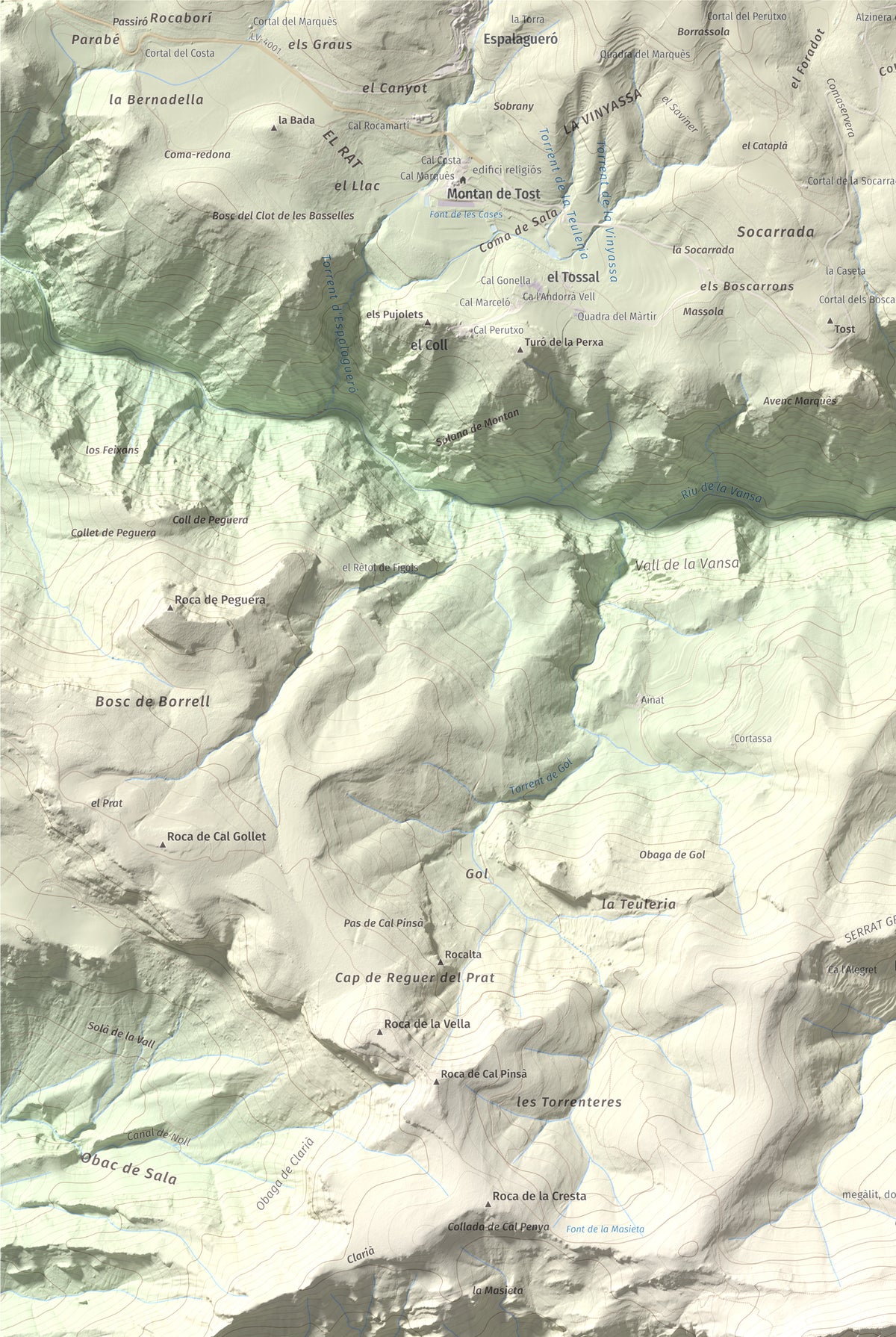 Mapa de relieve de Roc de Galliner, 1630 m, Alt Urgell, lámina 100 Cims de Trobart. Detalle de la zona superior izquierda. 61 × 91 cm.