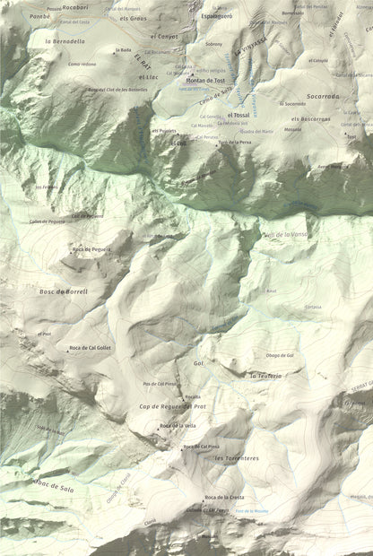 Mapa de relieve de Roc de Galliner, 1630 m, Alt Urgell, lámina 100 Cims de Trobart. Detalle de la zona superior izquierda. 61 × 91 cm.