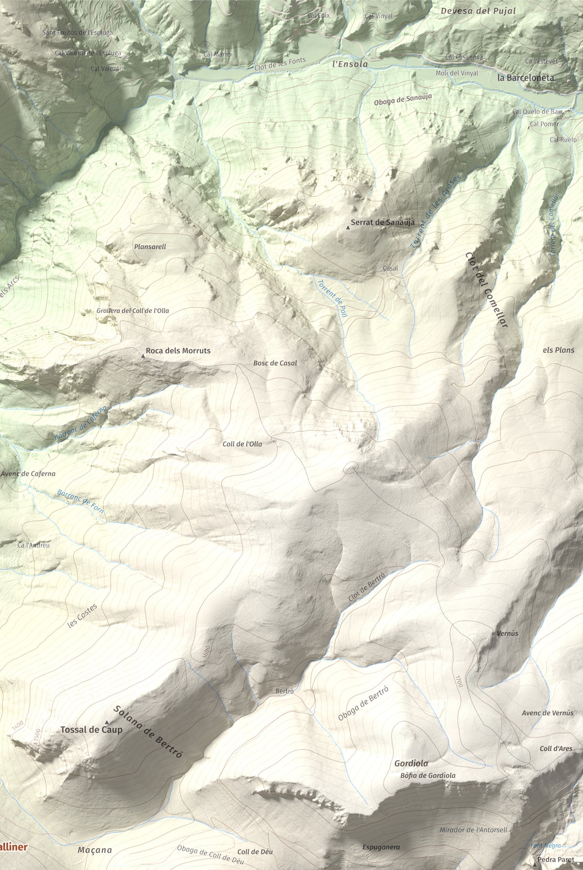 Mapa de relieve de Roc de Galliner, 1630 m, Alt Urgell, lámina 100 Cims de Trobart. Detalle de la zona superior derecha. 61 × 91 cm.