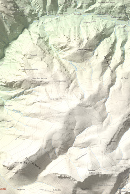 Mapa de relieve de Roc de Galliner, 1630 m, Alt Urgell, lámina 100 Cims de Trobart. Detalle de la zona superior derecha. 61 × 91 cm.