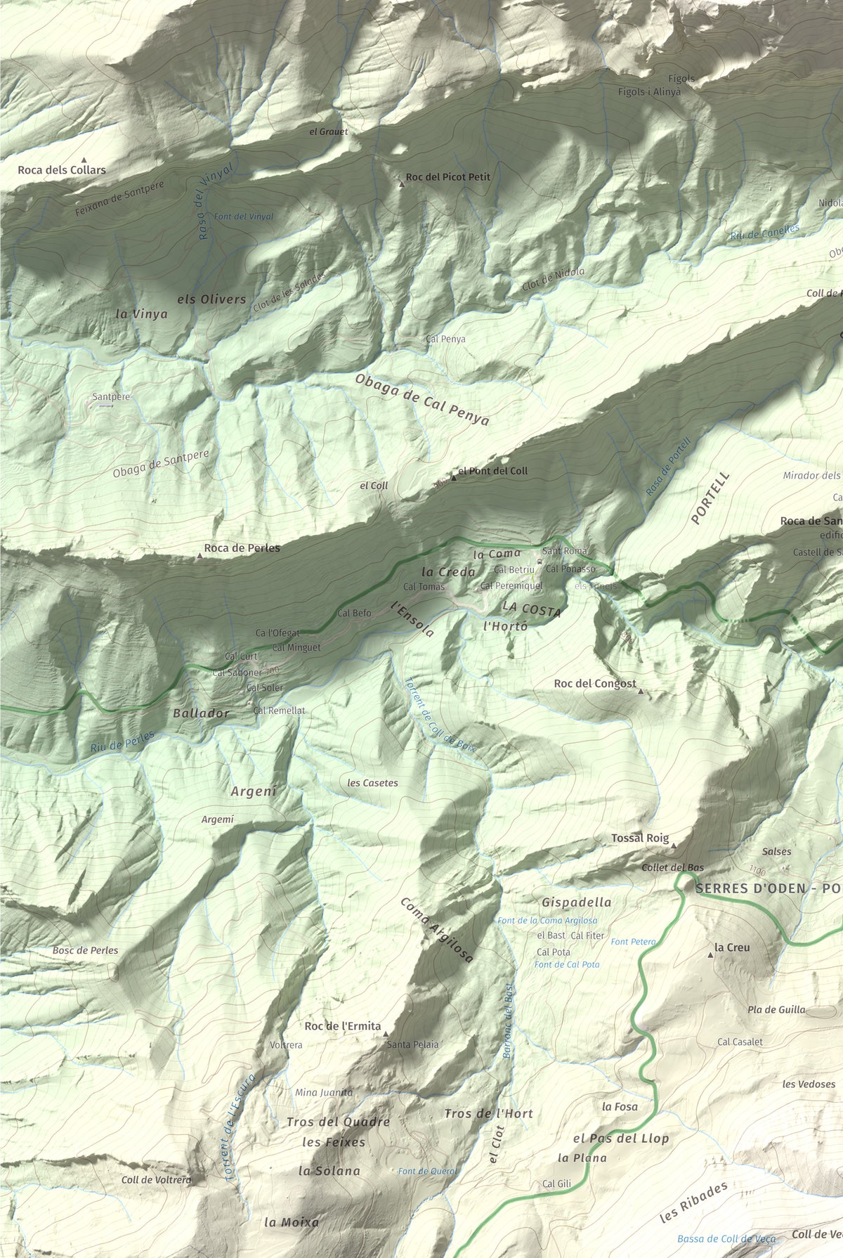 Mapa de relieve de Roc de Galliner, 1630 m, Alt Urgell, lámina 100 Cims de Trobart. Detalle de la zona inferior izquierda. 61 × 91 cm.