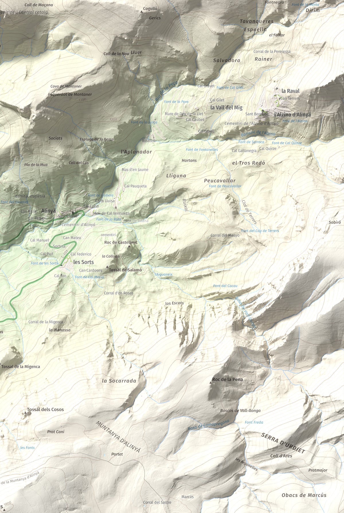 Mapa de relieve de Roc de Galliner, 1630 m, Alt Urgell, lámina 100 Cims de Trobart. Detalle de la zona inferior derecha. 61 × 91 cm.