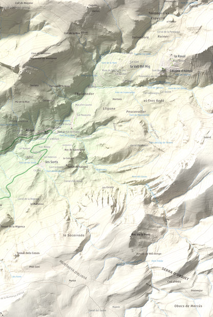Mapa de relieve de Roc de Galliner, 1630 m, Alt Urgell, lámina 100 Cims de Trobart. Detalle de la zona inferior derecha. 61 × 91 cm.