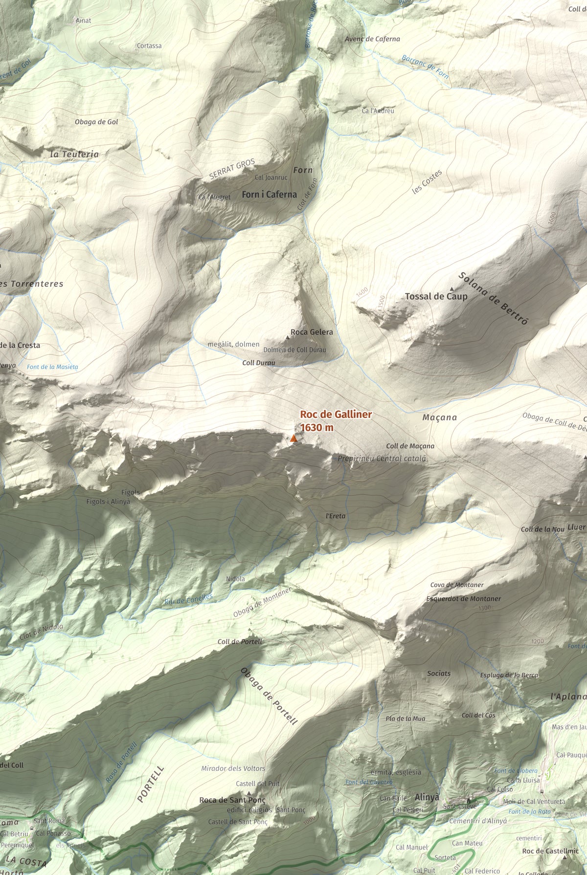 Mapa de relieve de Roc de Galliner, 1630 m, Alt Urgell, lámina 100 Cims de Trobart. Detalle de la zona central. 61 × 91 cm.