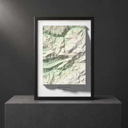 Mapa de relieve de Roc de Galliner, 1630 m, Alt Urgell, lámina 100 Cims de Trobart. Presentación enmarcada. 70 × 100 cm.