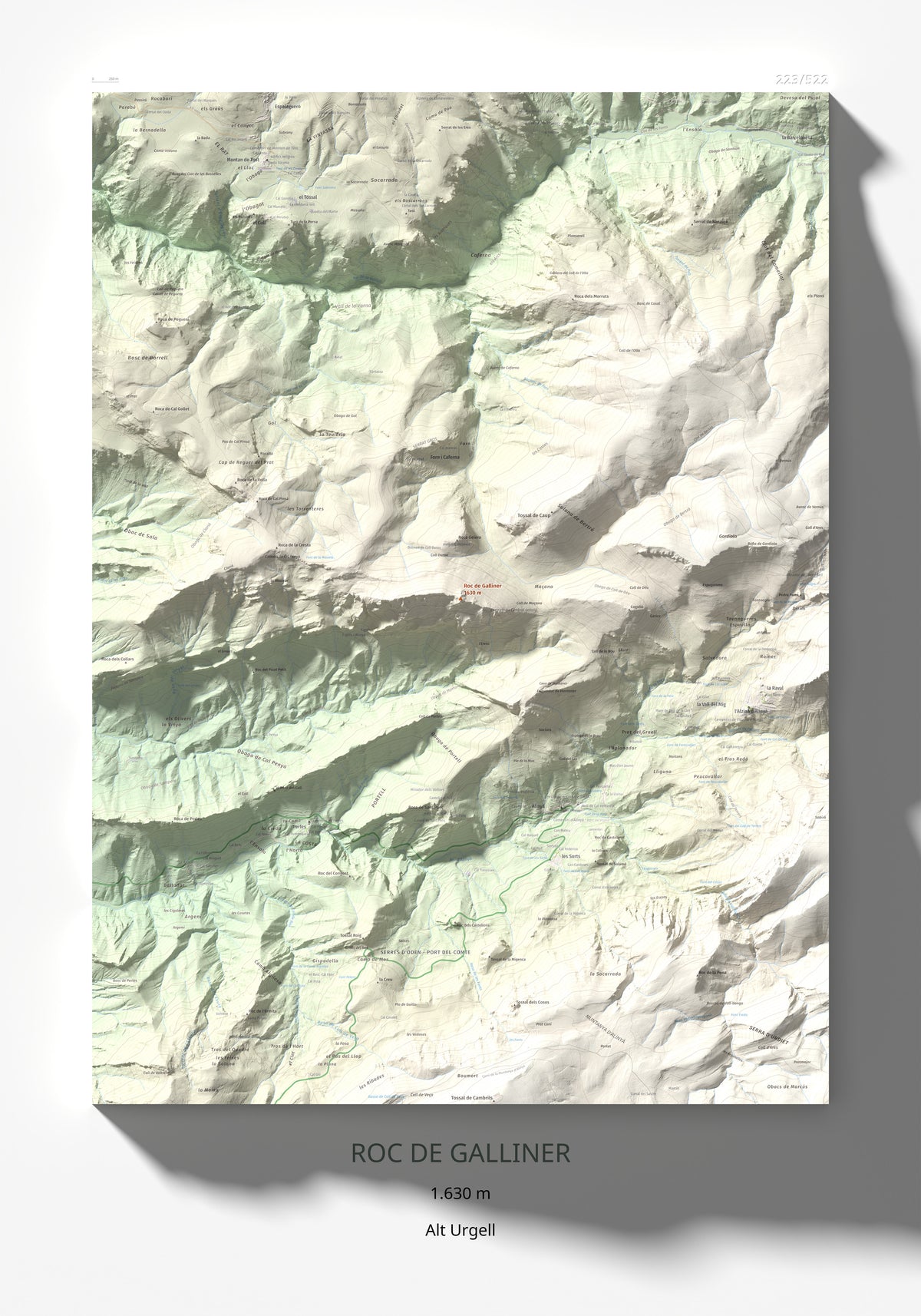 Mapa de relieve de Roc de Galliner, 1630 m, Alt Urgell, lámina 100 Cims de Trobart 70 × 100 cm.
