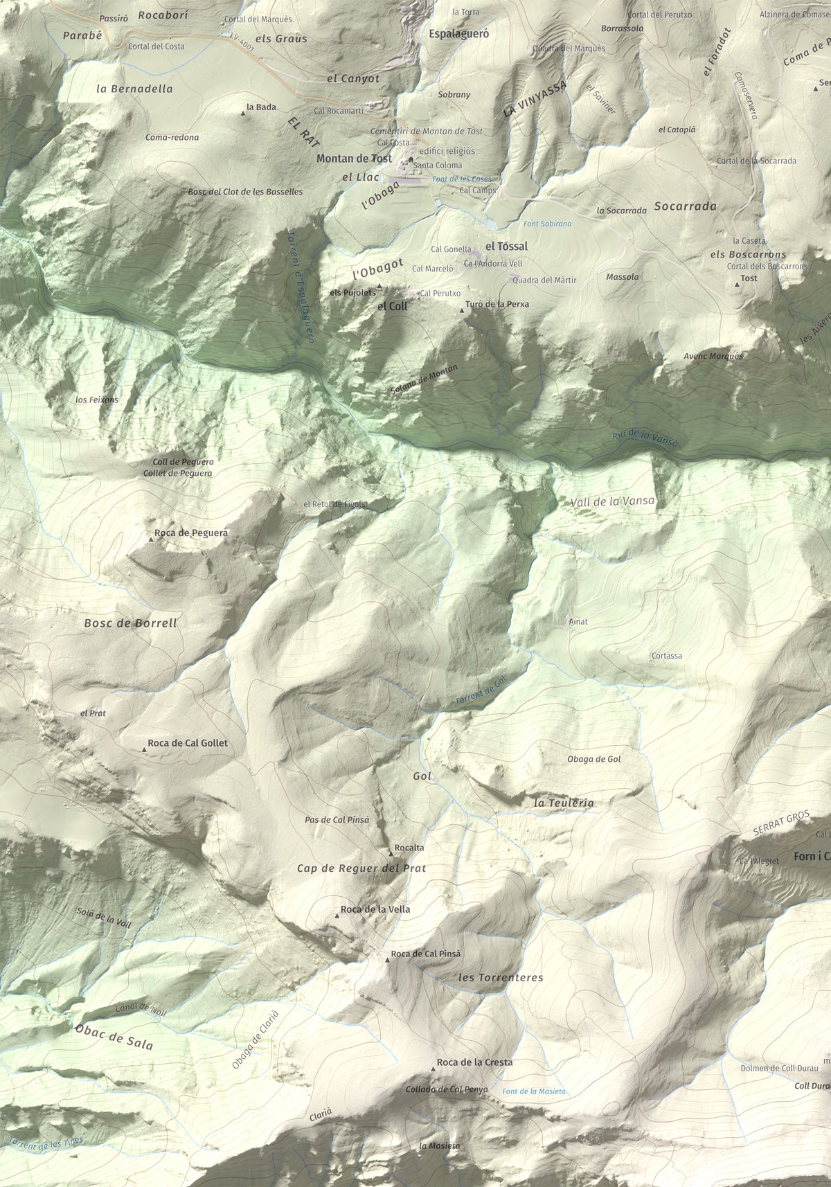 Mapa de relieve de Roc de Galliner, 1630 m, Alt Urgell, lámina 100 Cims de Trobart. Detalle de la zona superior izquierda. 70 × 100 cm.