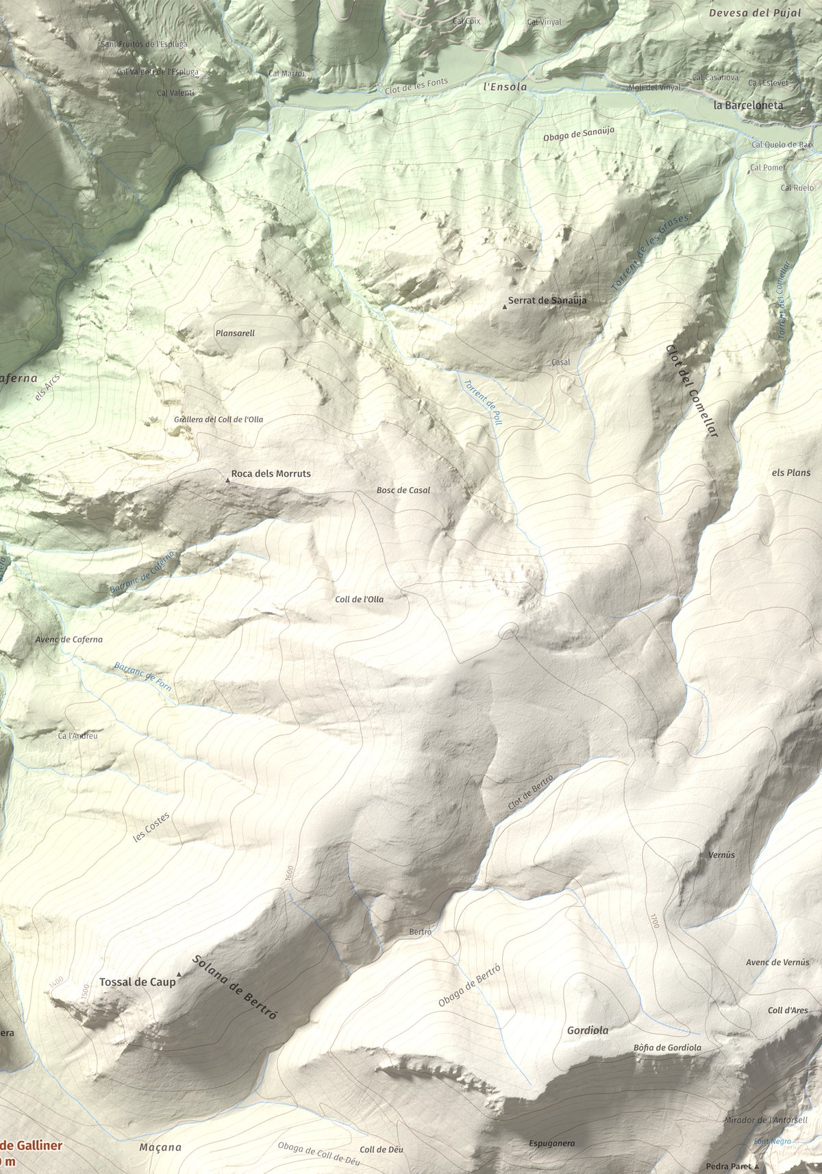 Mapa de relieve de Roc de Galliner, 1630 m, Alt Urgell, lámina 100 Cims de Trobart. Detalle de la zona superior derecha. 70 × 100 cm.