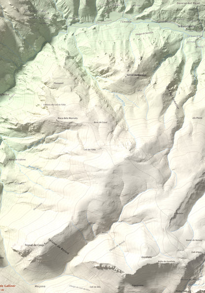 Mapa de relieve de Roc de Galliner, 1630 m, Alt Urgell, lámina 100 Cims de Trobart. Detalle de la zona superior derecha. 70 × 100 cm.
