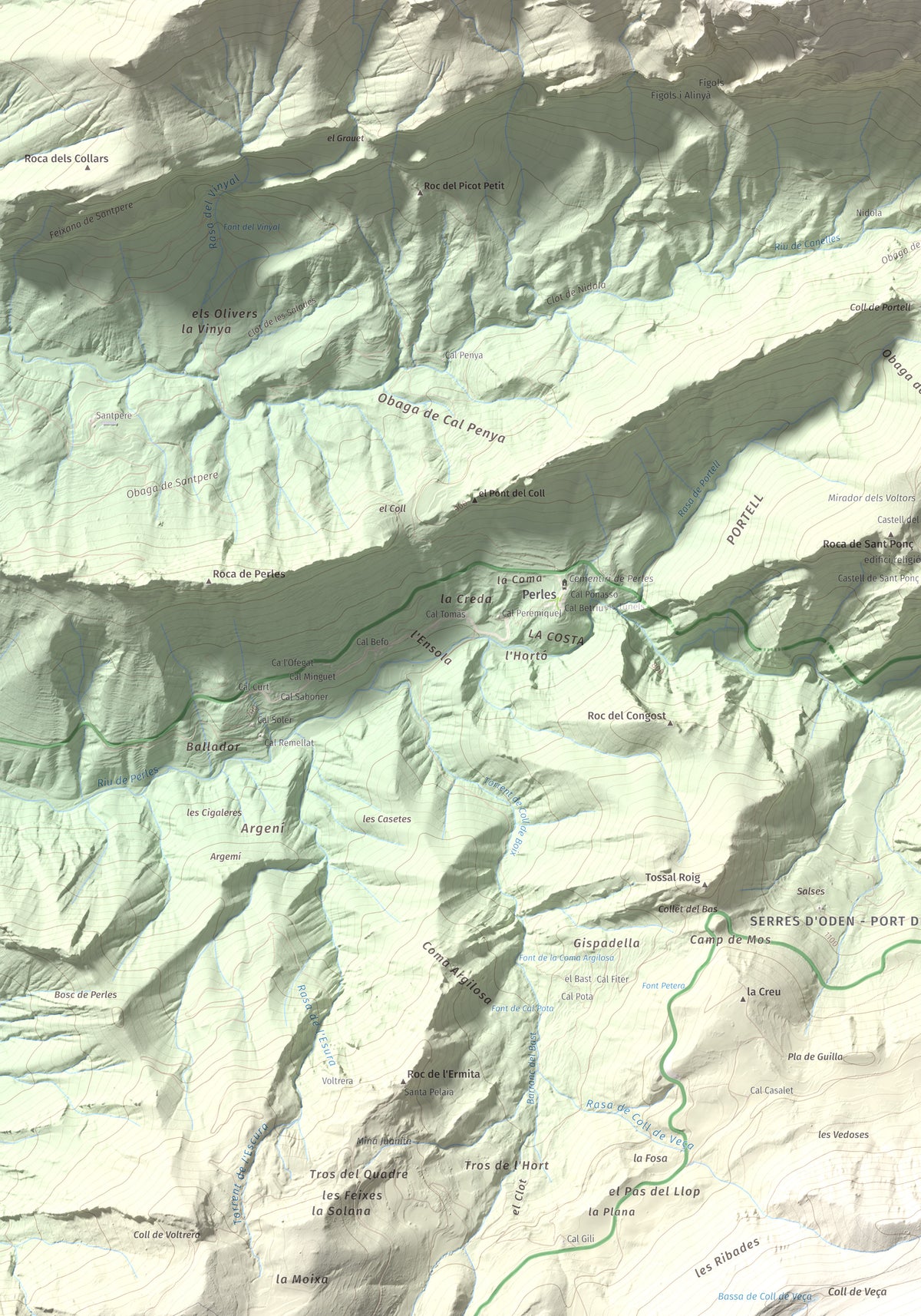 Mapa de relieve de Roc de Galliner, 1630 m, Alt Urgell, lámina 100 Cims de Trobart. Detalle de la zona inferior izquierda. 70 × 100 cm.