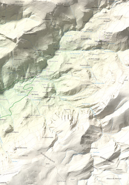 Mapa de relieve de Roc de Galliner, 1630 m, Alt Urgell, lámina 100 Cims de Trobart. Detalle de la zona inferior derecha. 70 × 100 cm.