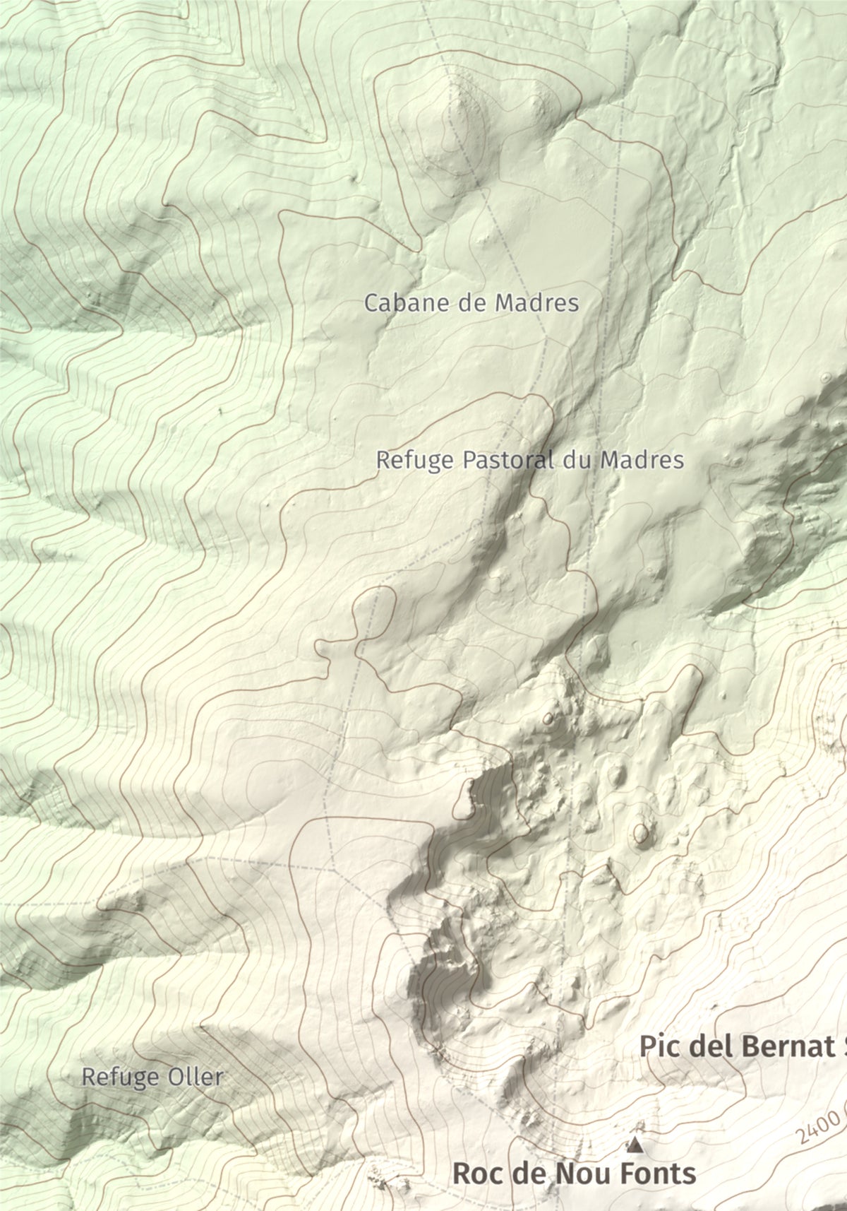 Mapa de relieve de Roc de Madres, 2469 m, Conflent, lámina 100 Cims de Trobart. Detalle de la zona superior izquierda. 21 × 30 cm.