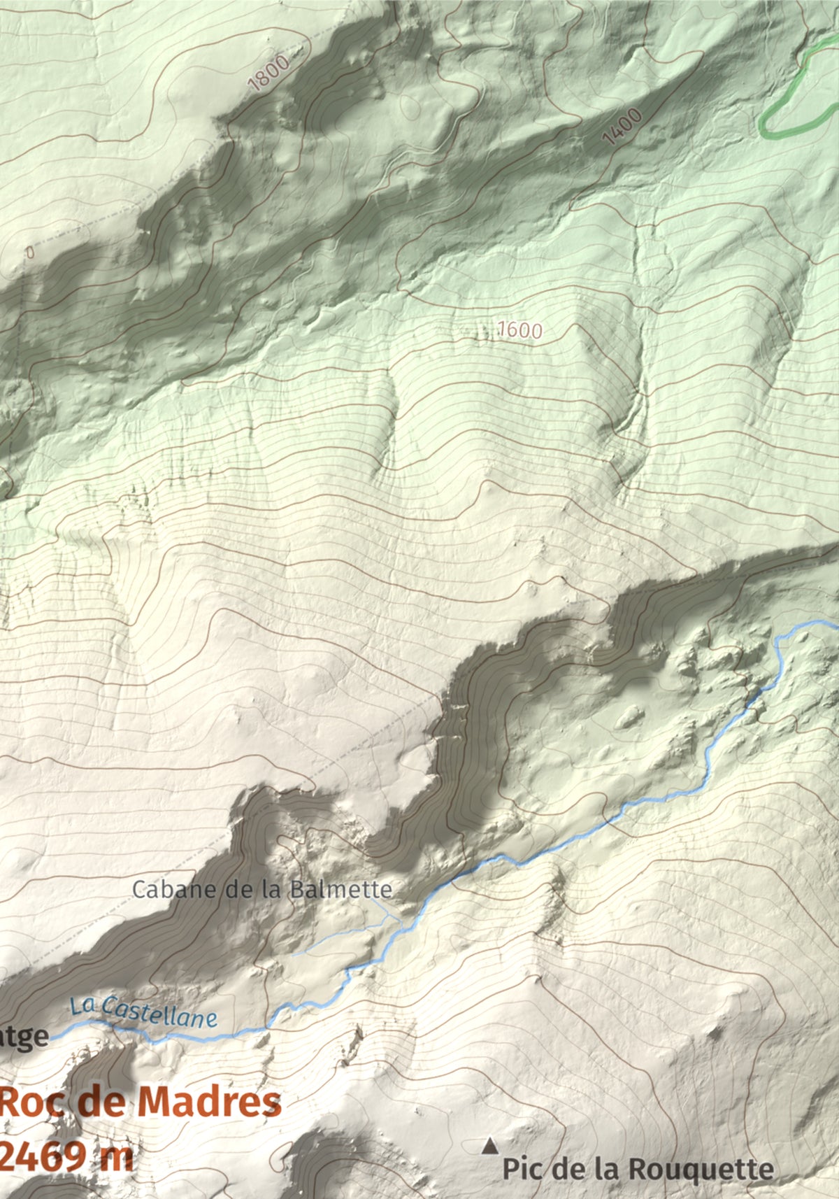 Mapa de relieve de Roc de Madres, 2469 m, Conflent, lámina 100 Cims de Trobart. Detalle de la zona superior derecha. 21 × 30 cm.
