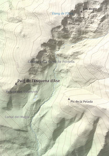 Mapa de relieve de Roc de Madres, 2469 m, Conflent, lámina 100 Cims de Trobart. Detalle de la zona inferior izquierda. 21 × 30 cm.