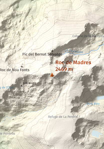 Mapa de relieve de Roc de Madres, 2469 m, Conflent, lámina 100 Cims de Trobart. Detalle de la zona central. 21 × 30 cm.