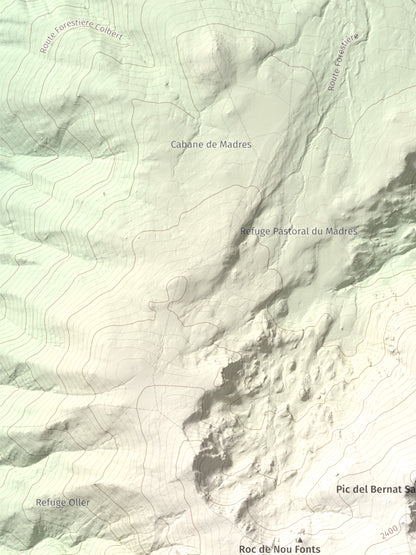 Mapa de relieve de Roc de Madres, 2469 m, Conflent, lámina 100 Cims de Trobart. Detalle de la zona superior izquierda. 30 × 40 cm.