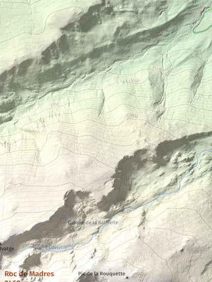 Mapa de relieve de Roc de Madres, 2469 m, Conflent, lámina 100 Cims de Trobart. Detalle de la zona superior derecha. 30 × 40 cm.