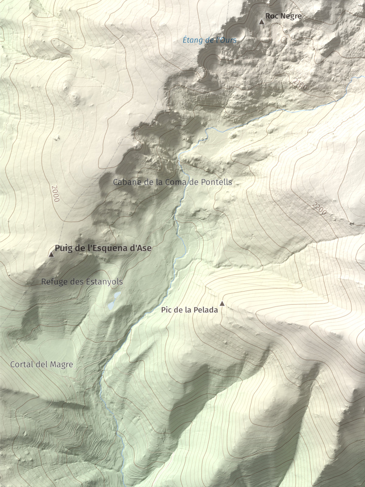 Mapa de relieve de Roc de Madres, 2469 m, Conflent, lámina 100 Cims de Trobart. Detalle de la zona inferior izquierda. 30 × 40 cm.