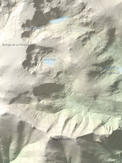 Mapa de relieve de Roc de Madres, 2469 m, Conflent, lámina 100 Cims de Trobart. Detalle de la zona inferior derecha. 30 × 40 cm.