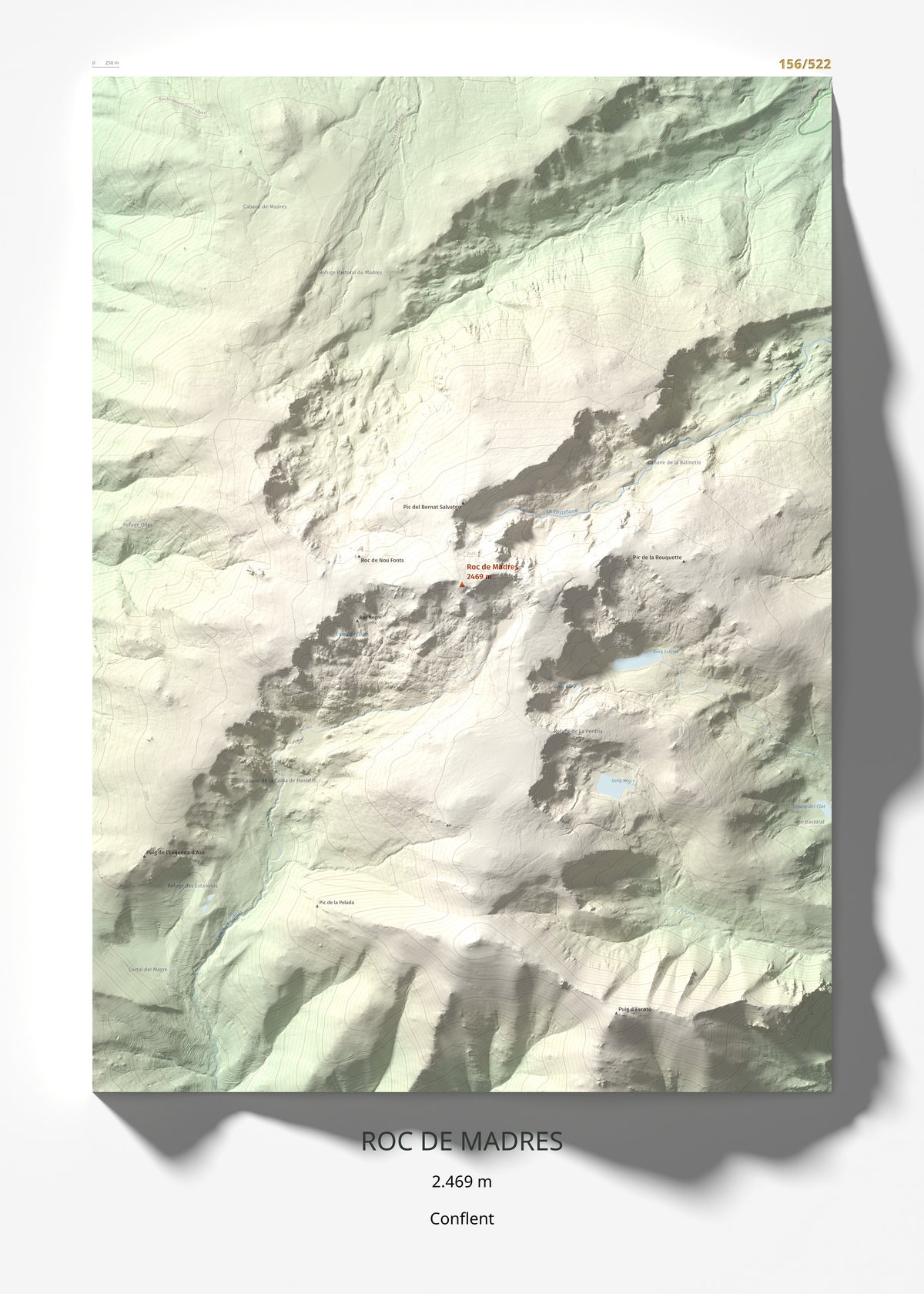 Mapa de relieve de Roc de Madres, 2469 m, Conflent, lámina 100 Cims de Trobart 50 × 70 cm.
