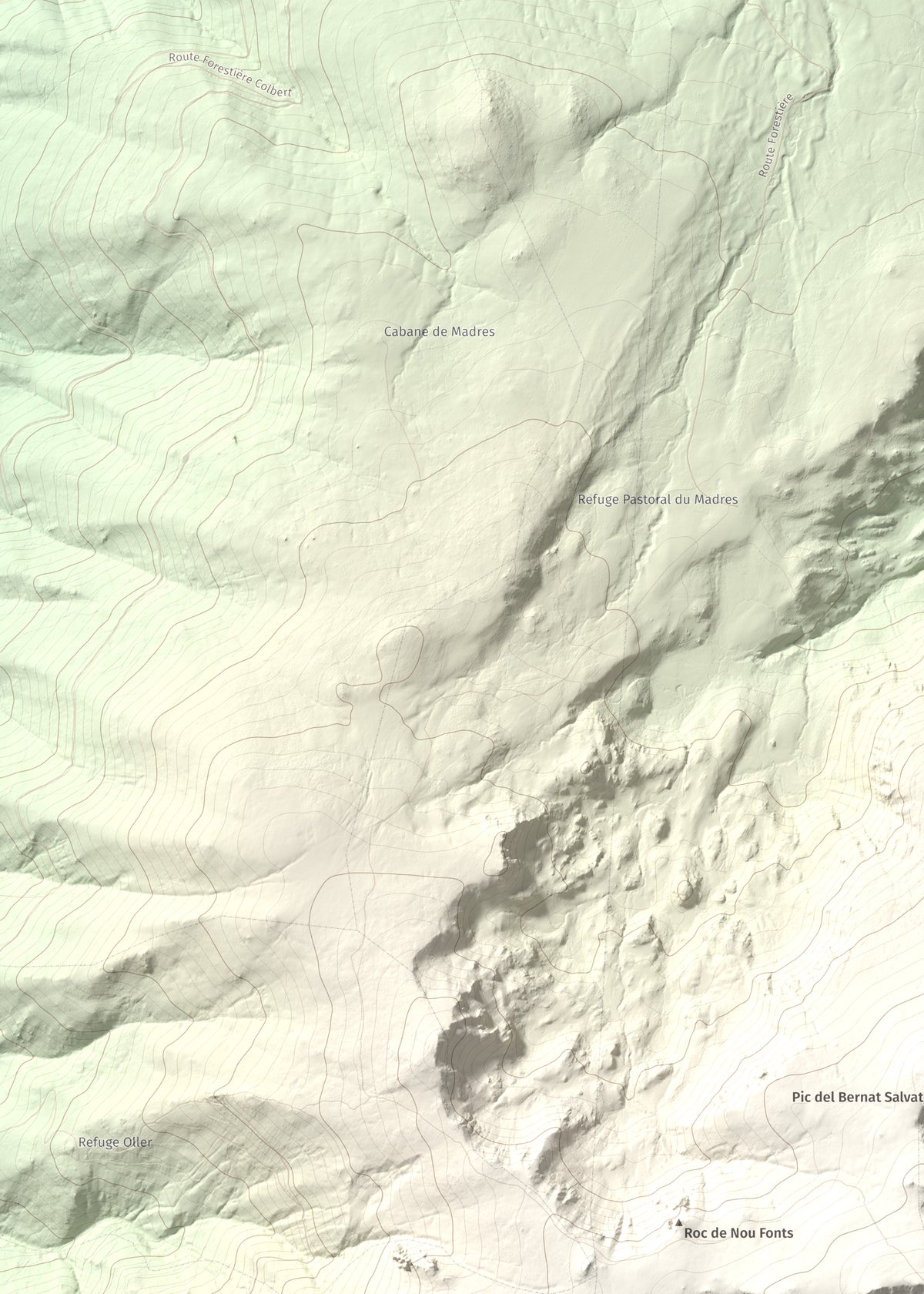 Mapa de relieve de Roc de Madres, 2469 m, Conflent, lámina 100 Cims de Trobart. Detalle de la zona superior izquierda. 50 × 70 cm.