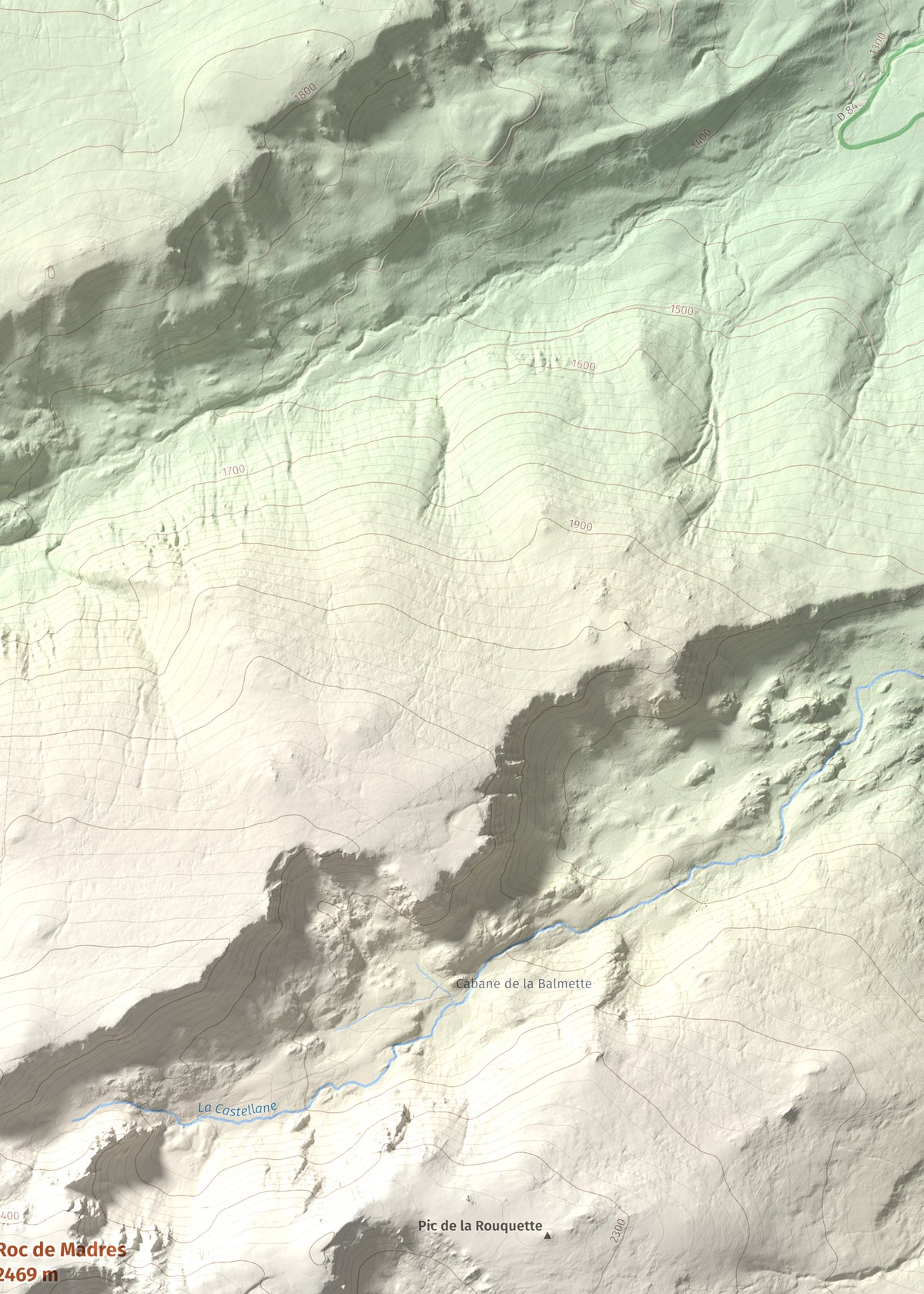 Mapa de relieve de Roc de Madres, 2469 m, Conflent, lámina 100 Cims de Trobart. Detalle de la zona superior derecha. 50 × 70 cm.