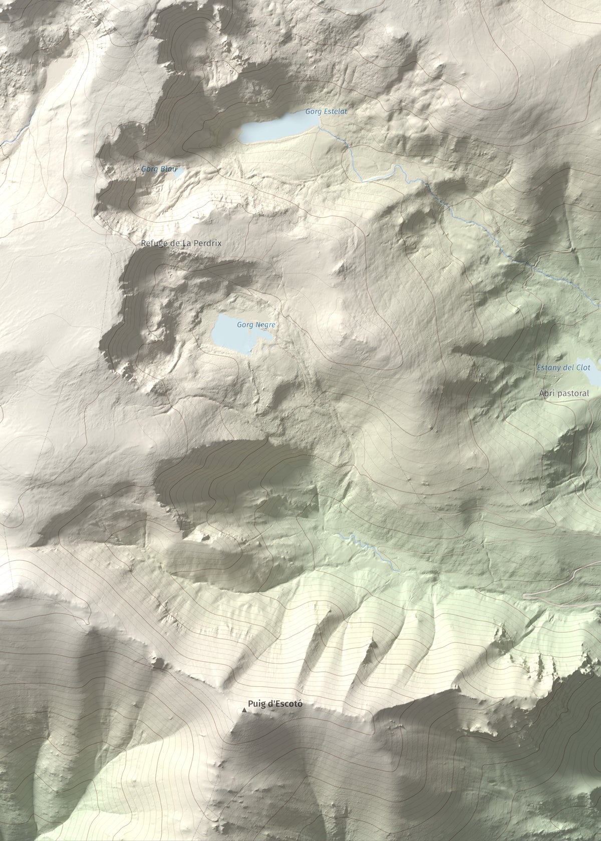 Mapa de relieve de Roc de Madres, 2469 m, Conflent, lámina 100 Cims de Trobart. Detalle de la zona inferior derecha. 50 × 70 cm.