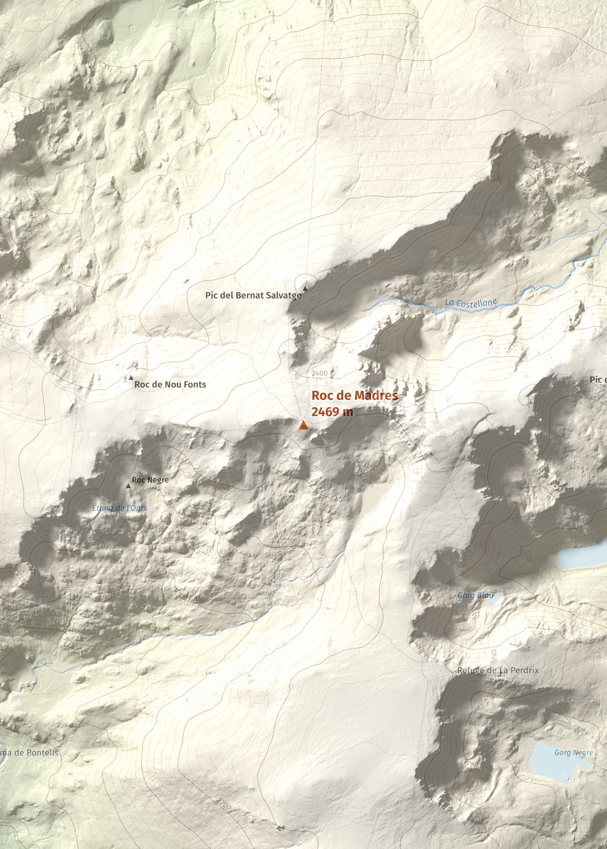 Mapa de relieve de Roc de Madres, 2469 m, Conflent, lámina 100 Cims de Trobart. Detalle de la zona central. 50 × 70 cm.
