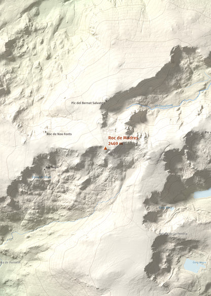 Mapa de relieve de Roc de Madres, 2469 m, Conflent, lámina 100 Cims de Trobart. Detalle de la zona central. 50 × 70 cm.