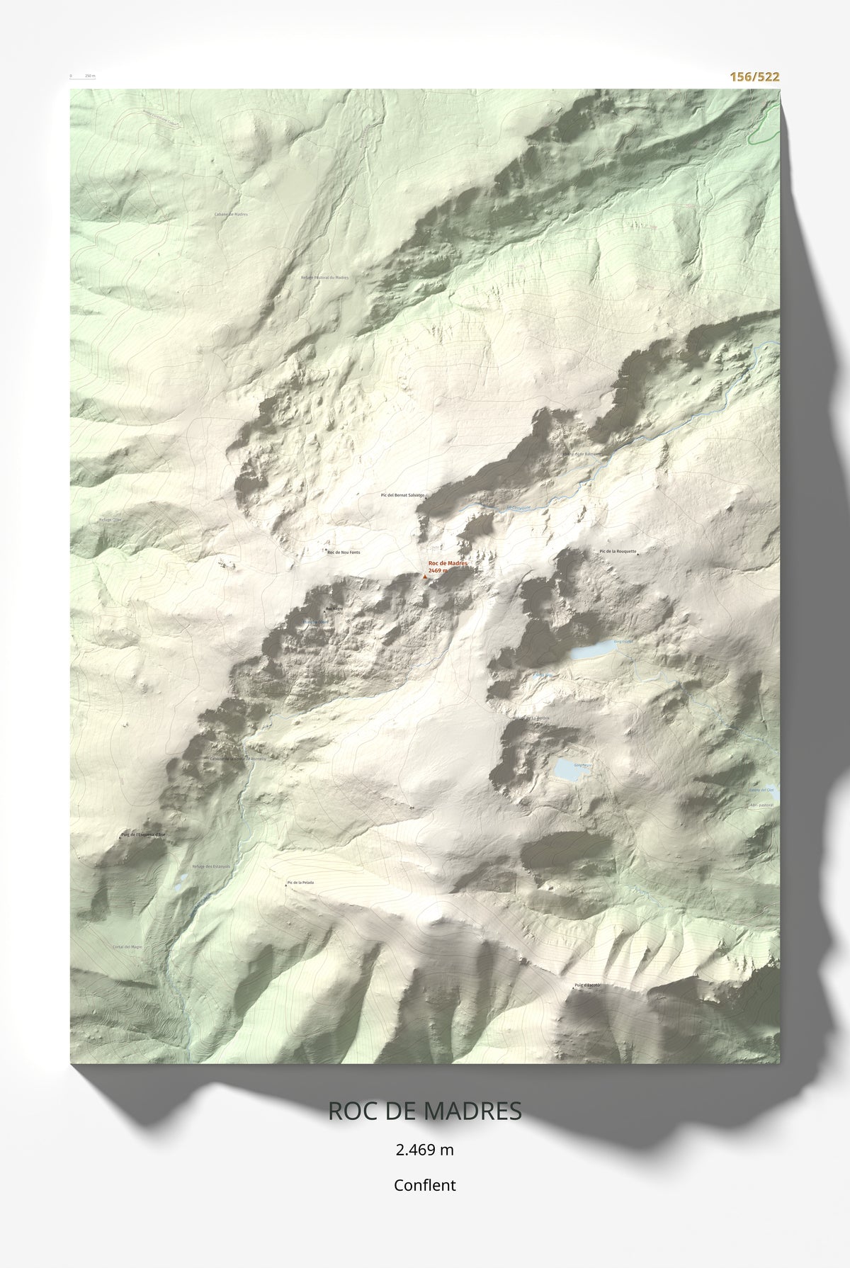 Mapa de relieve de Roc de Madres, 2469 m, Conflent, lámina 100 Cims de Trobart 61 × 91 cm.