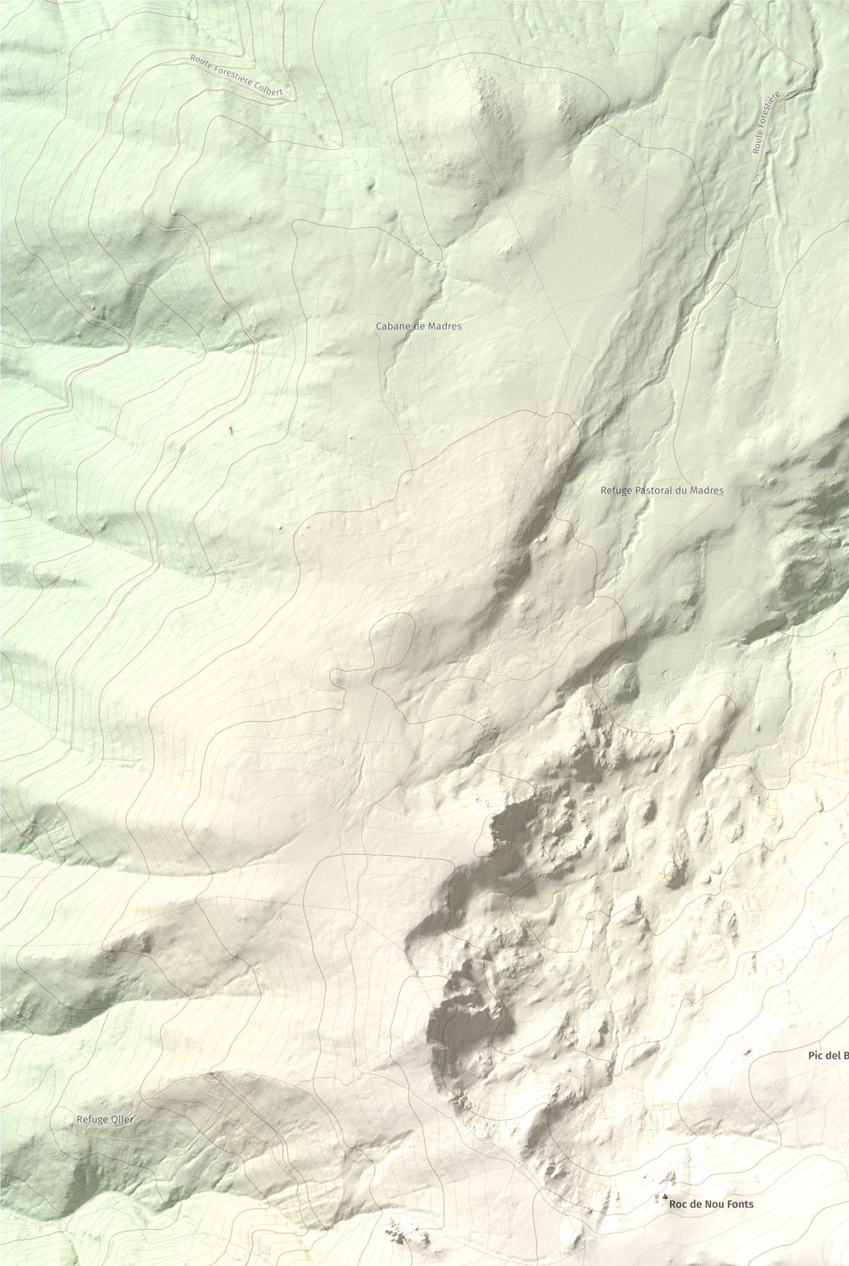 Mapa de relieve de Roc de Madres, 2469 m, Conflent, lámina 100 Cims de Trobart. Detalle de la zona superior izquierda. 61 × 91 cm.