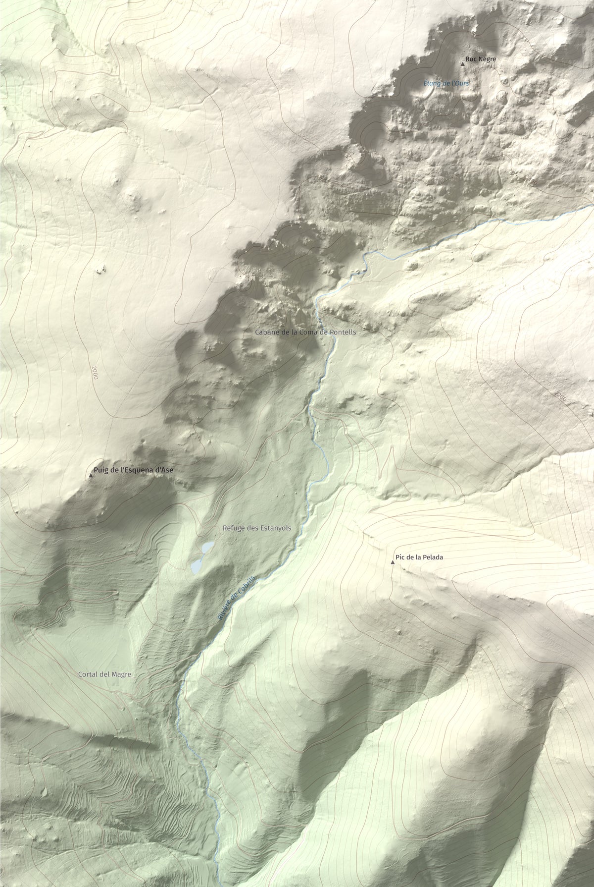 Mapa de relieve de Roc de Madres, 2469 m, Conflent, lámina 100 Cims de Trobart. Detalle de la zona inferior izquierda. 61 × 91 cm.