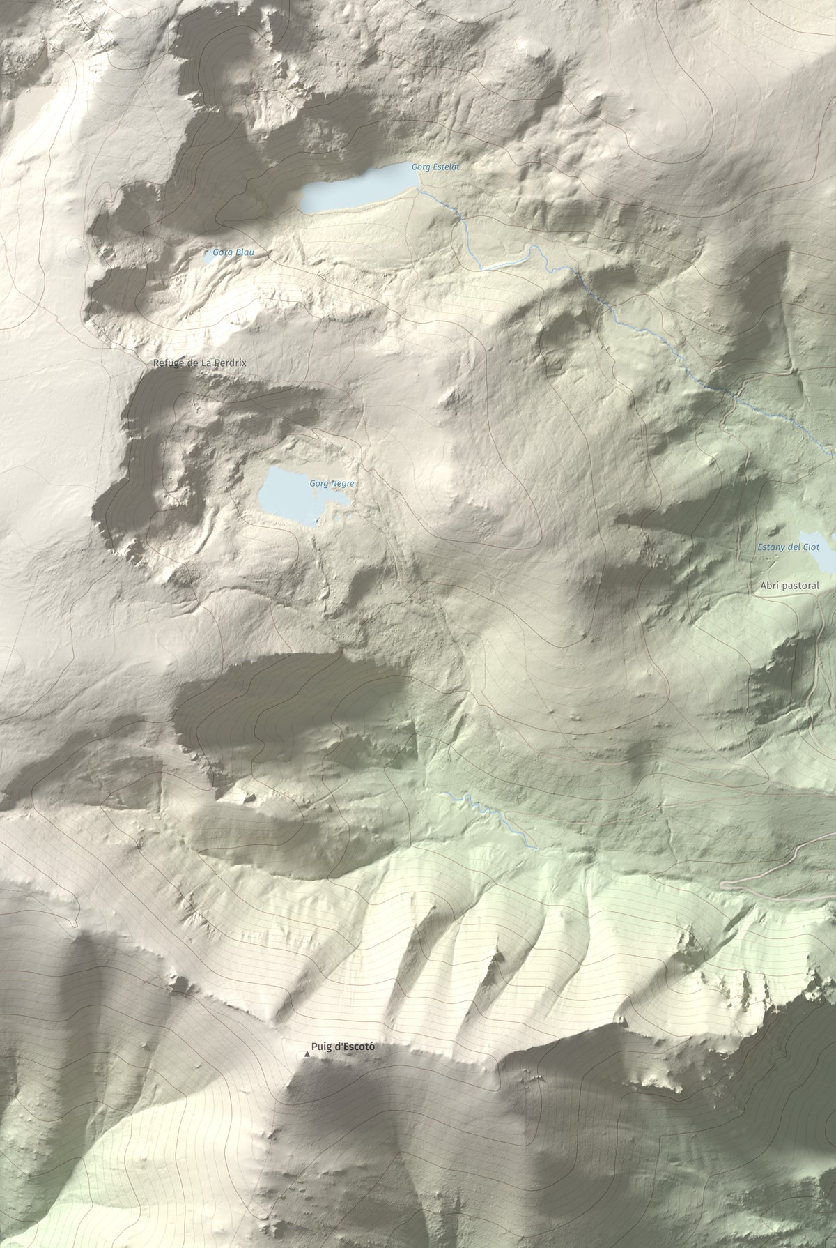 Mapa de relieve de Roc de Madres, 2469 m, Conflent, lámina 100 Cims de Trobart. Detalle de la zona inferior derecha. 61 × 91 cm.