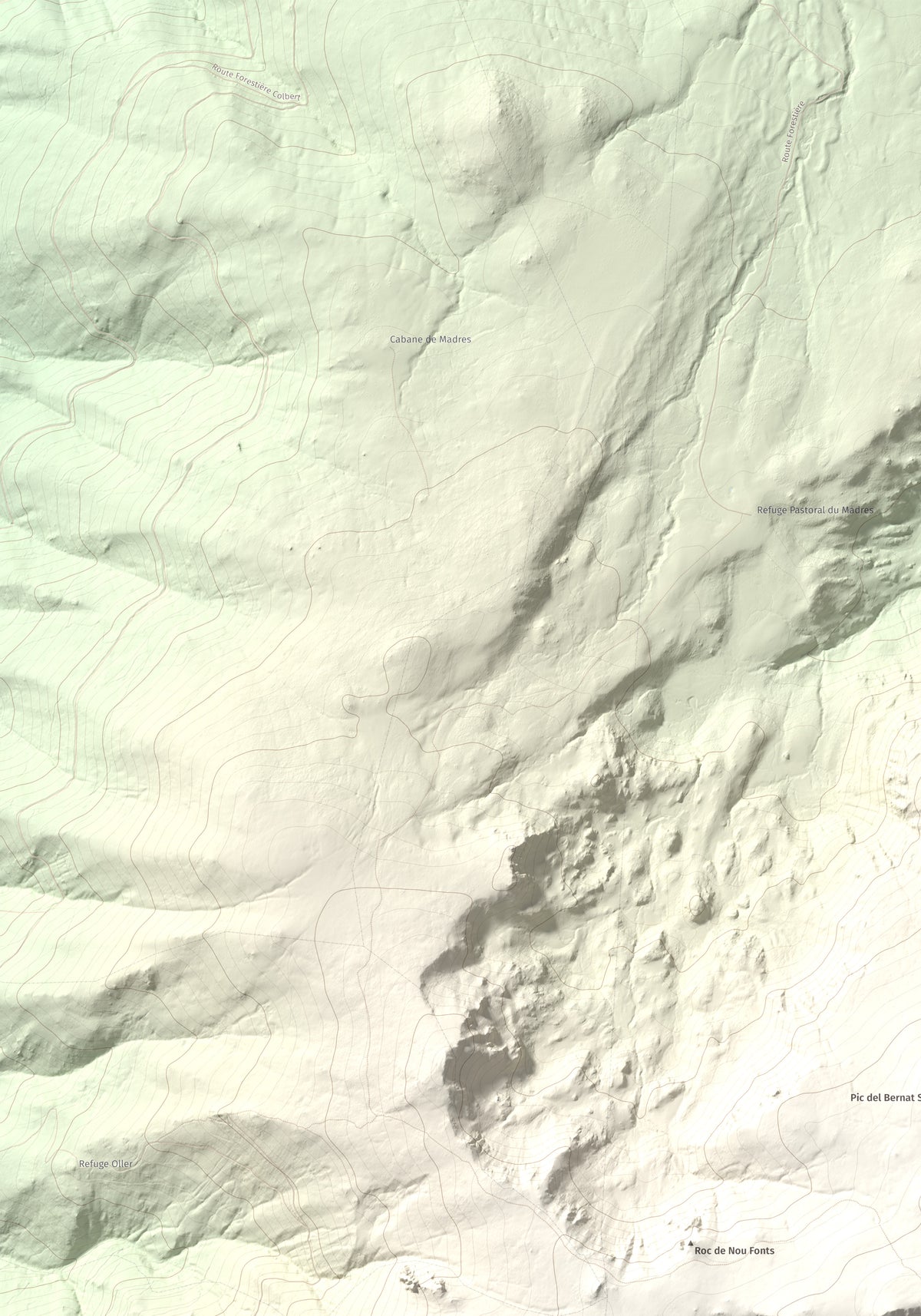 Mapa de relieve de Roc de Madres, 2469 m, Conflent, lámina 100 Cims de Trobart. Detalle de la zona superior izquierda. 70 × 100 cm.