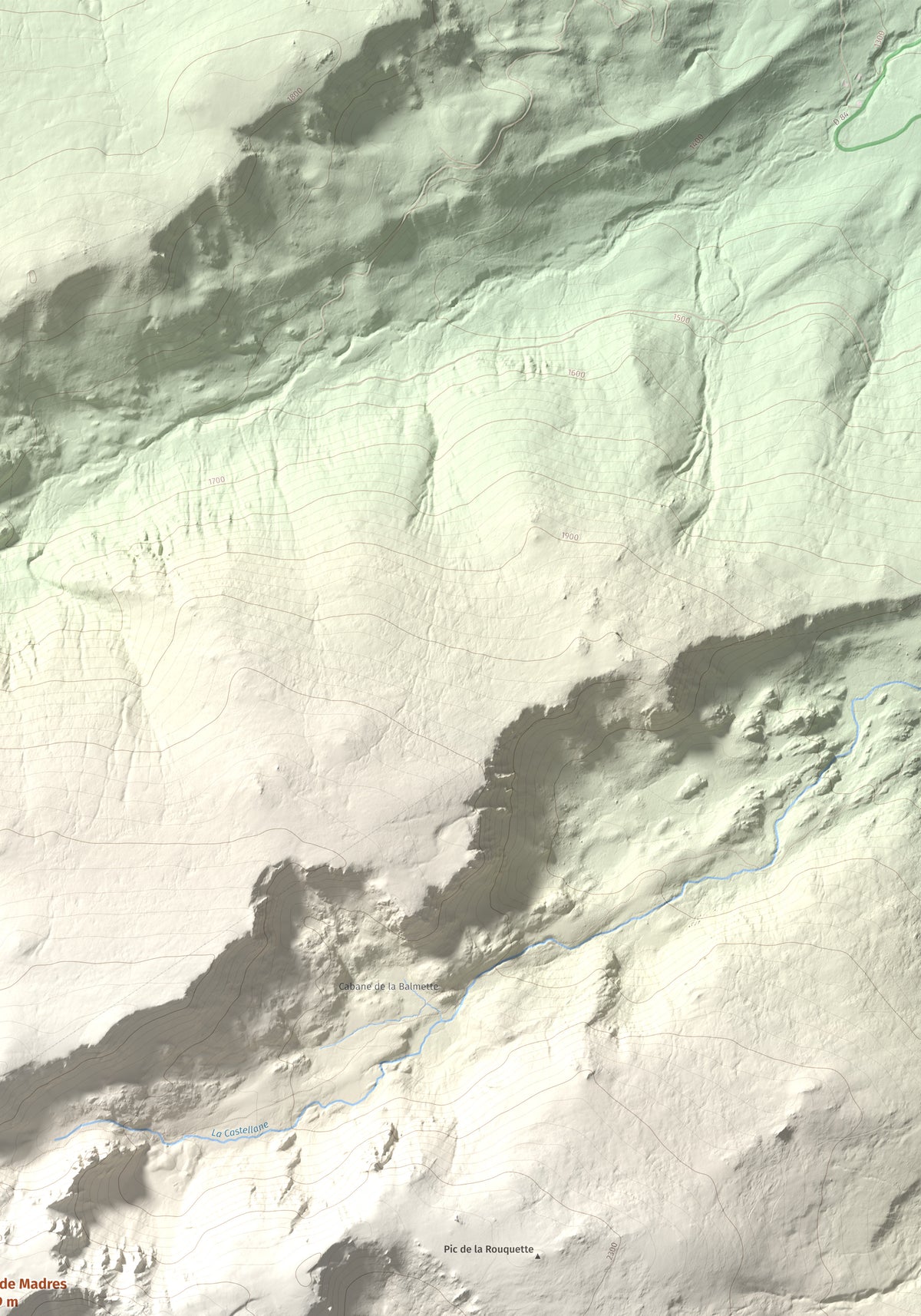 Mapa de relieve de Roc de Madres, 2469 m, Conflent, lámina 100 Cims de Trobart. Detalle de la zona superior derecha. 70 × 100 cm.