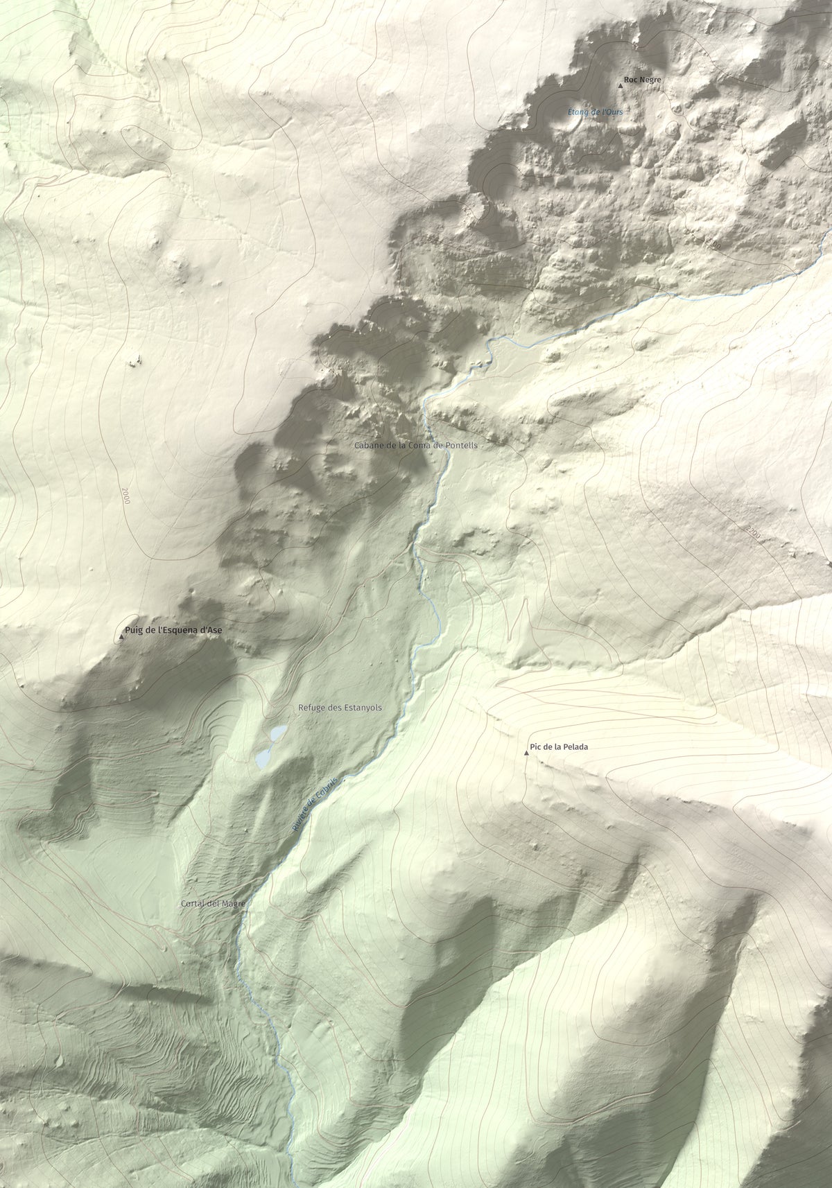 Mapa de relieve de Roc de Madres, 2469 m, Conflent, lámina 100 Cims de Trobart. Detalle de la zona inferior izquierda. 70 × 100 cm.