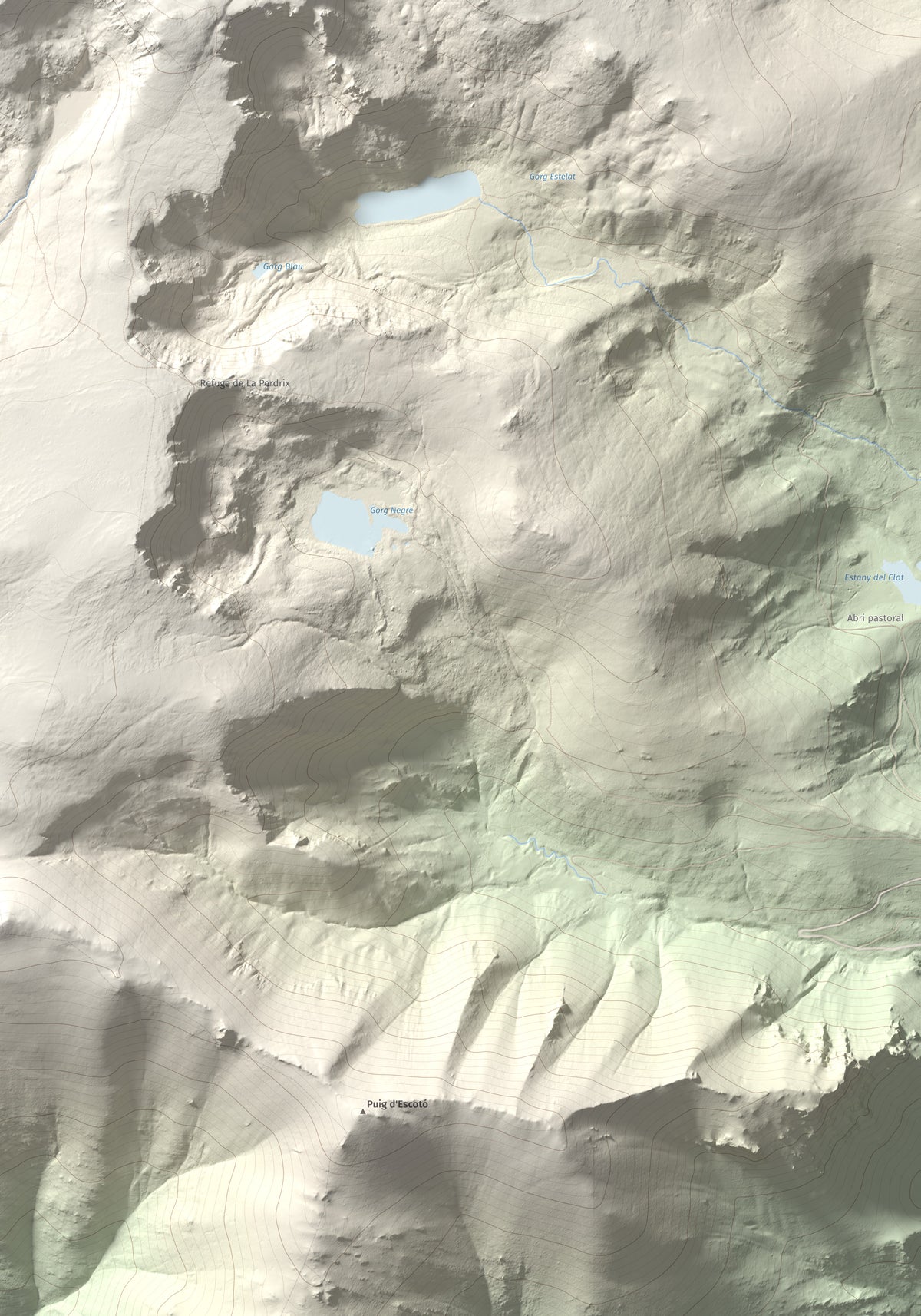 Mapa de relieve de Roc de Madres, 2469 m, Conflent, lámina 100 Cims de Trobart. Detalle de la zona inferior derecha. 70 × 100 cm.