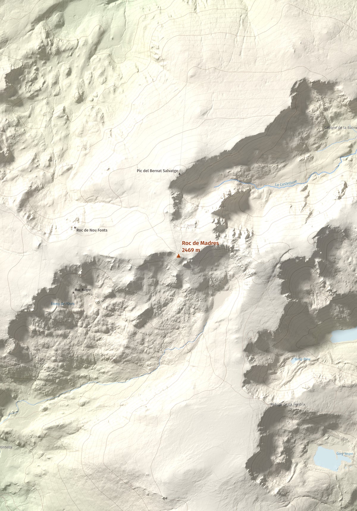 Mapa de relieve de Roc de Madres, 2469 m, Conflent, lámina 100 Cims de Trobart. Detalle de la zona central. 70 × 100 cm.