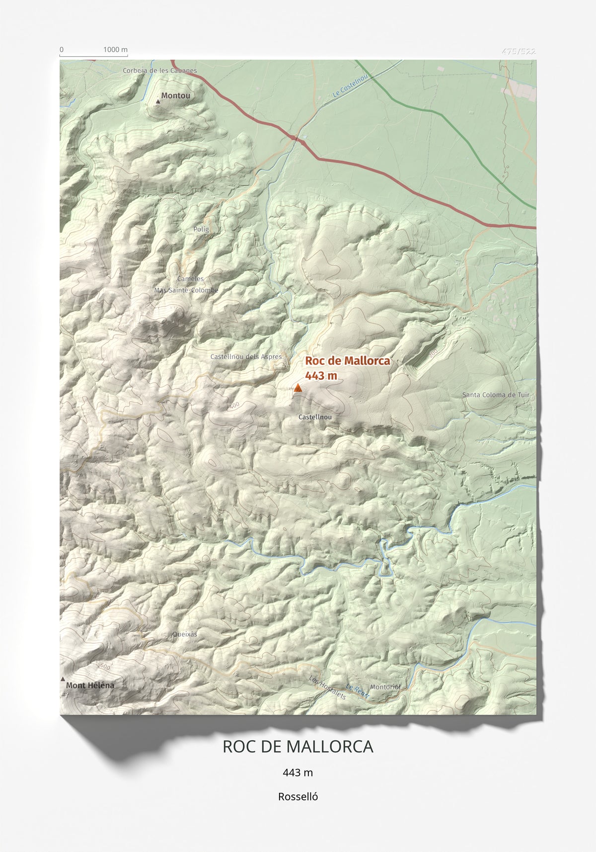 Mapa de relieve de Roc de Mallorca, 443 m, Rosselló, lámina 100 Cims de Trobart 21 × 30 cm.