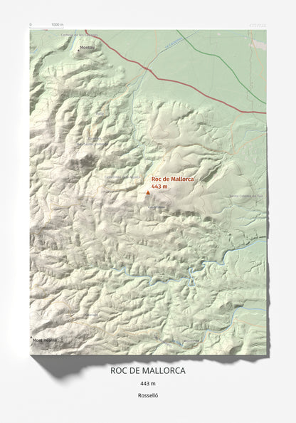 Mapa de relieve de Roc de Mallorca, 443 m, Rosselló, lámina 100 Cims de Trobart 21 × 30 cm.