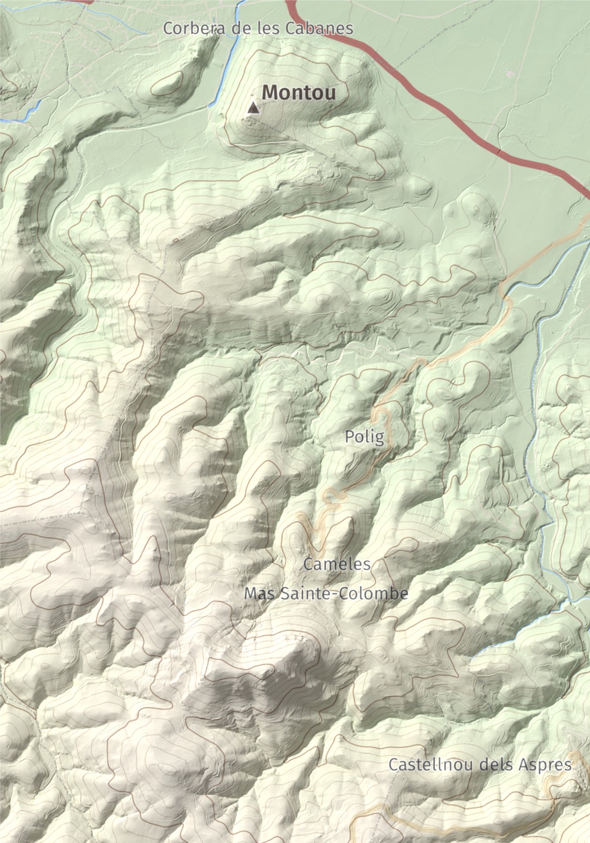 Mapa de relieve de Roc de Mallorca, 443 m, Rosselló, lámina 100 Cims de Trobart. Detalle de la zona superior izquierda. 21 × 30 cm.
