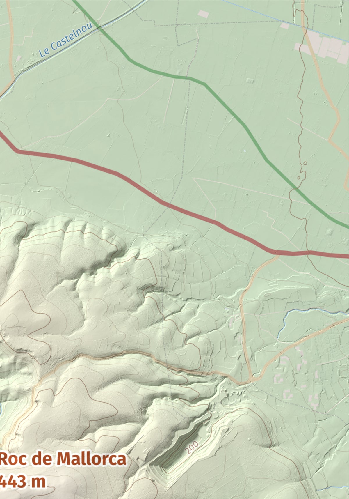Mapa de relieve de Roc de Mallorca, 443 m, Rosselló, lámina 100 Cims de Trobart. Detalle de la zona superior derecha. 21 × 30 cm.