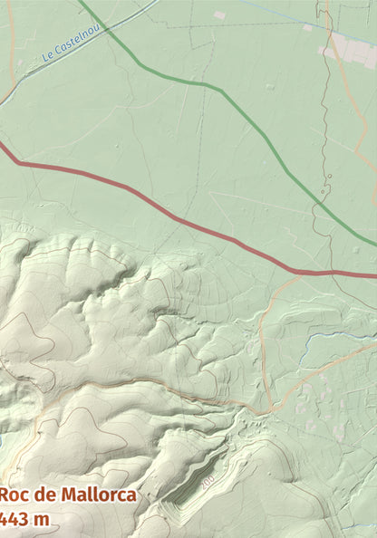 Mapa de relieve de Roc de Mallorca, 443 m, Rosselló, lámina 100 Cims de Trobart. Detalle de la zona superior derecha. 21 × 30 cm.