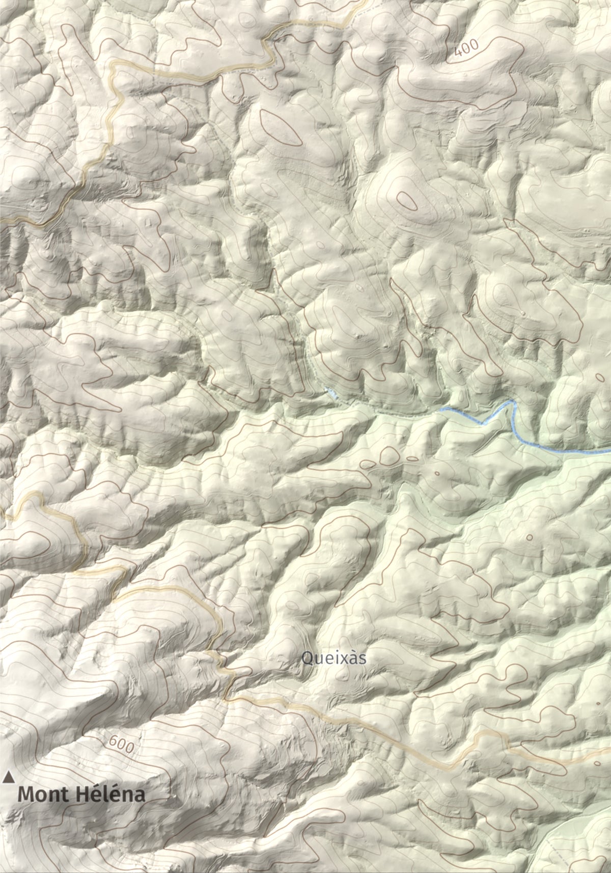 Mapa de relieve de Roc de Mallorca, 443 m, Rosselló, lámina 100 Cims de Trobart. Detalle de la zona inferior izquierda. 21 × 30 cm.