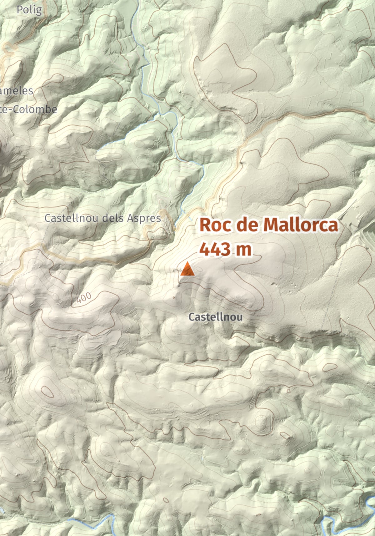 Mapa de relieve de Roc de Mallorca, 443 m, Rosselló, lámina 100 Cims de Trobart. Detalle de la zona central. 21 × 30 cm.